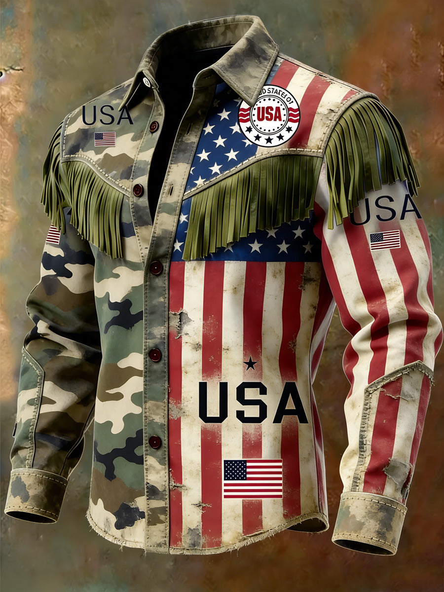 Men's Retro U.S 250 Commemorative Veteran Print Western Vintage Tassel Casual Long Sleeve Shirt